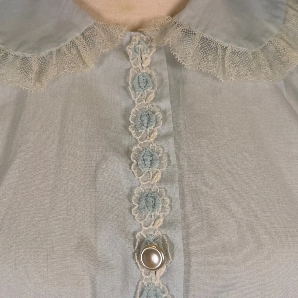 VTG 50s 60s Bed Jacket Sz M Blue Lace Trim Peter Pan Collar Embroidered Coquette